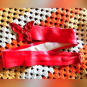 Vintage butterfly buckle red silver gold faux leather waist belt